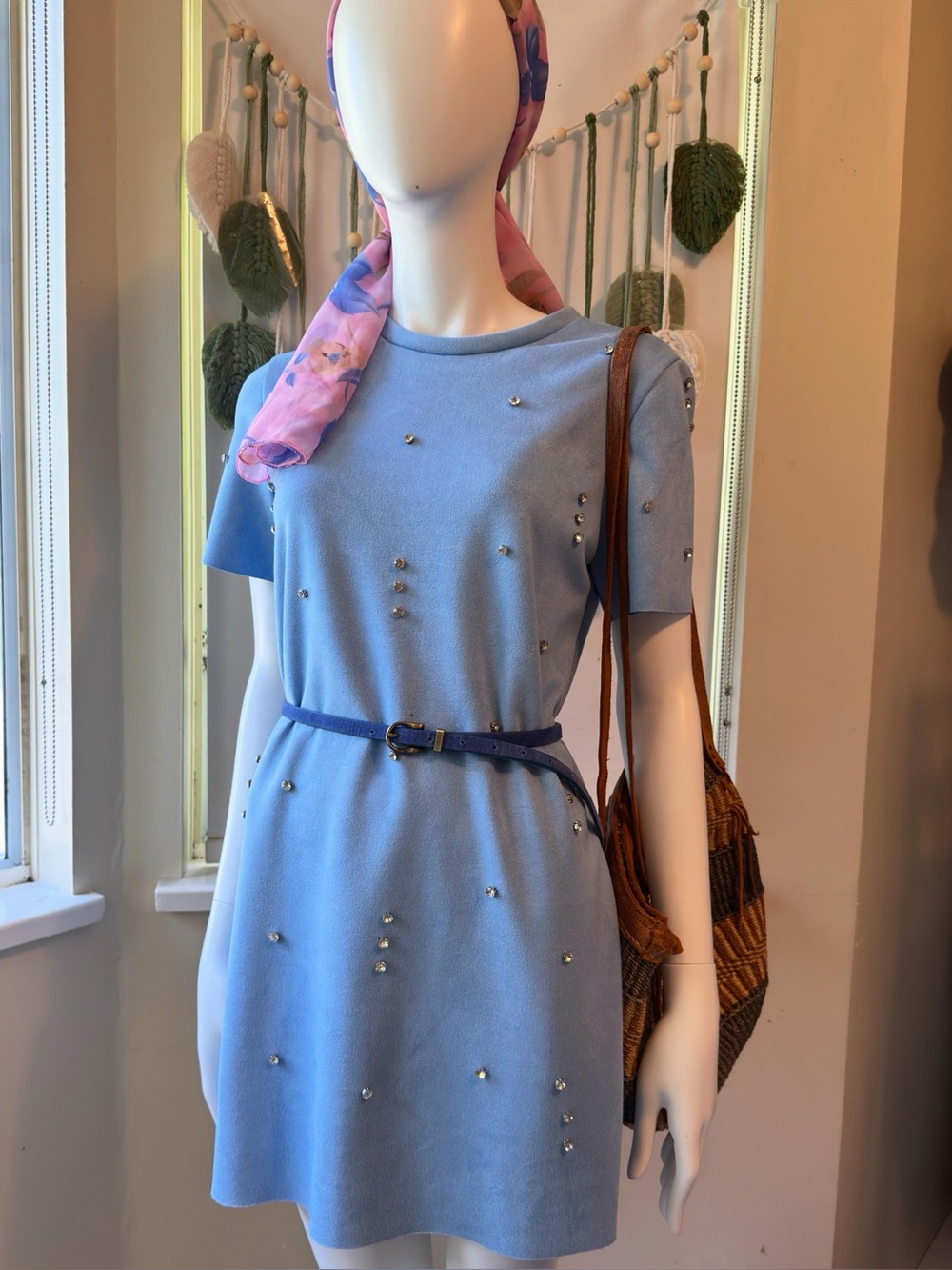 KOKER Light Blue Shift Mini Dress with Rhinestone Accents